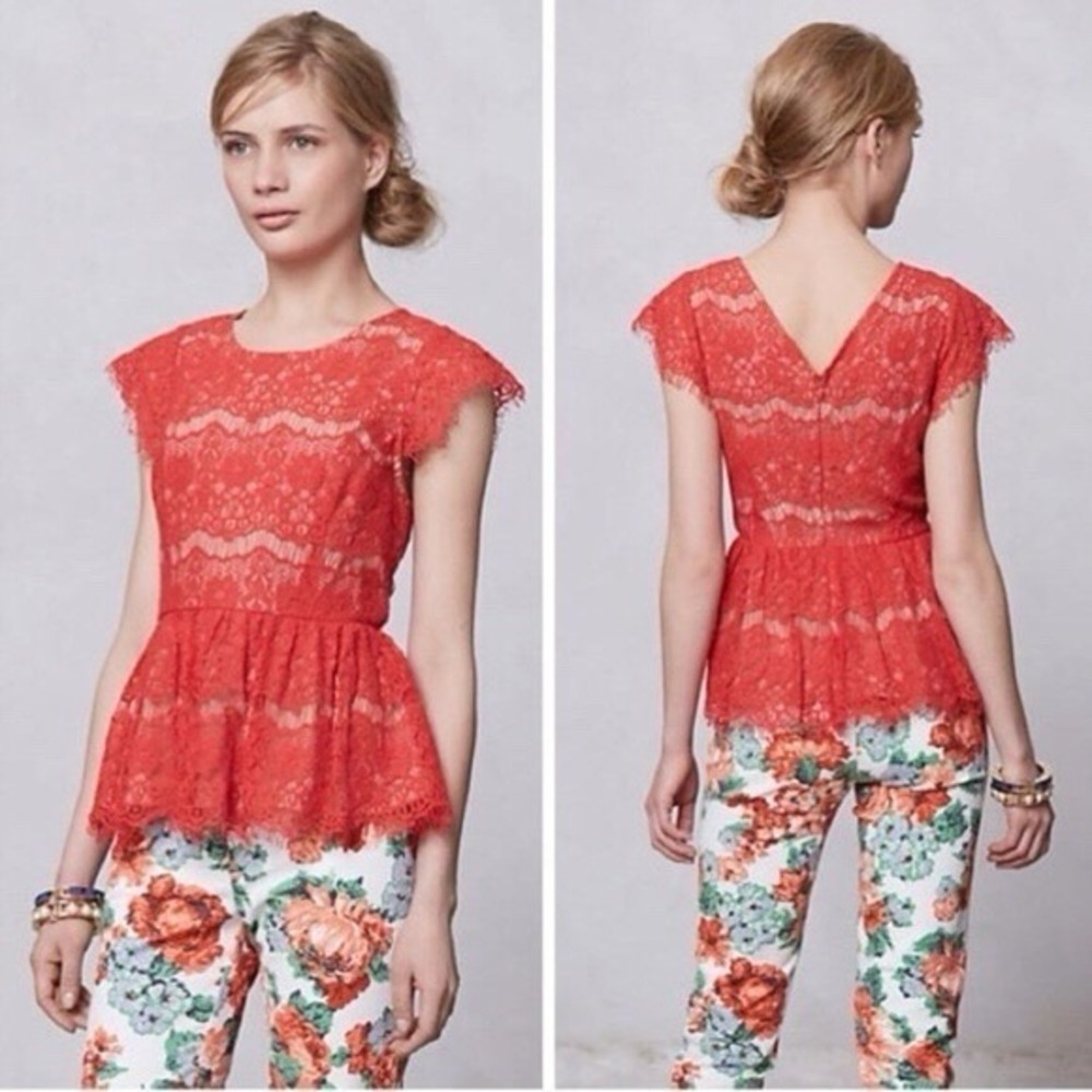 Maeve Anthropologie Top Blouse Size XS Katrine‎ Orange Lace Cap Sleeve Peplum